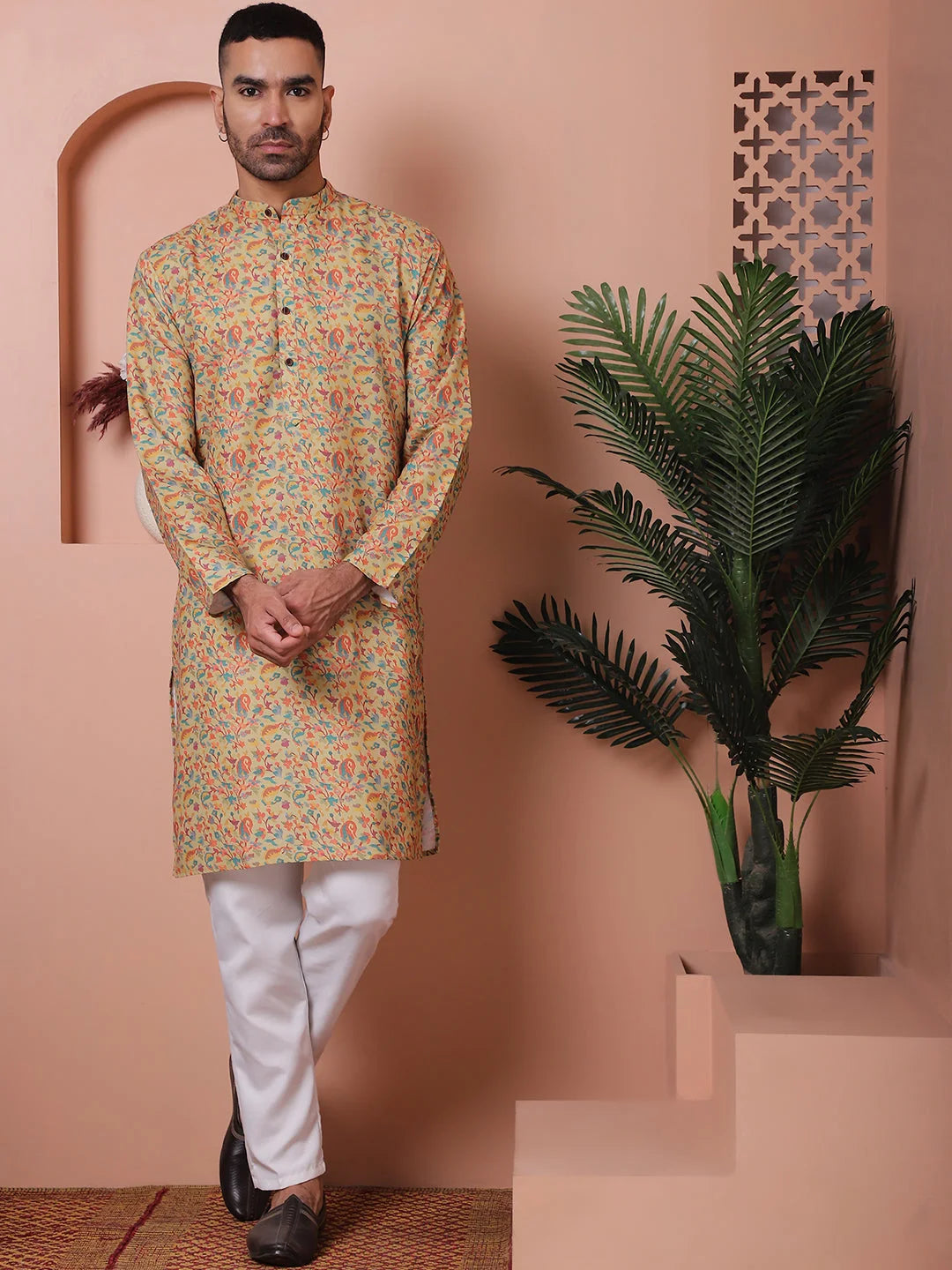 Yellow Printed Mens Kurta Pajama Set | Cotton Kurta Pajama - Style 1