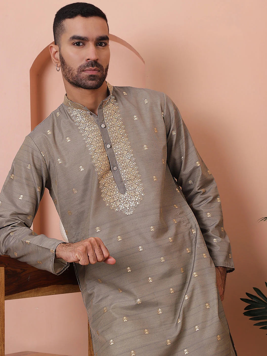 Grey Printed Mens Kurta Pajama Set | Cotton Kurta Pajama