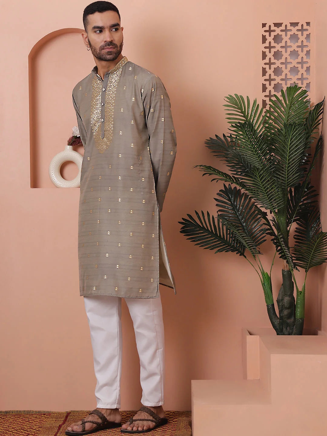 Grey Printed Mens Kurta Pajama Set | Cotton Kurta Pajama