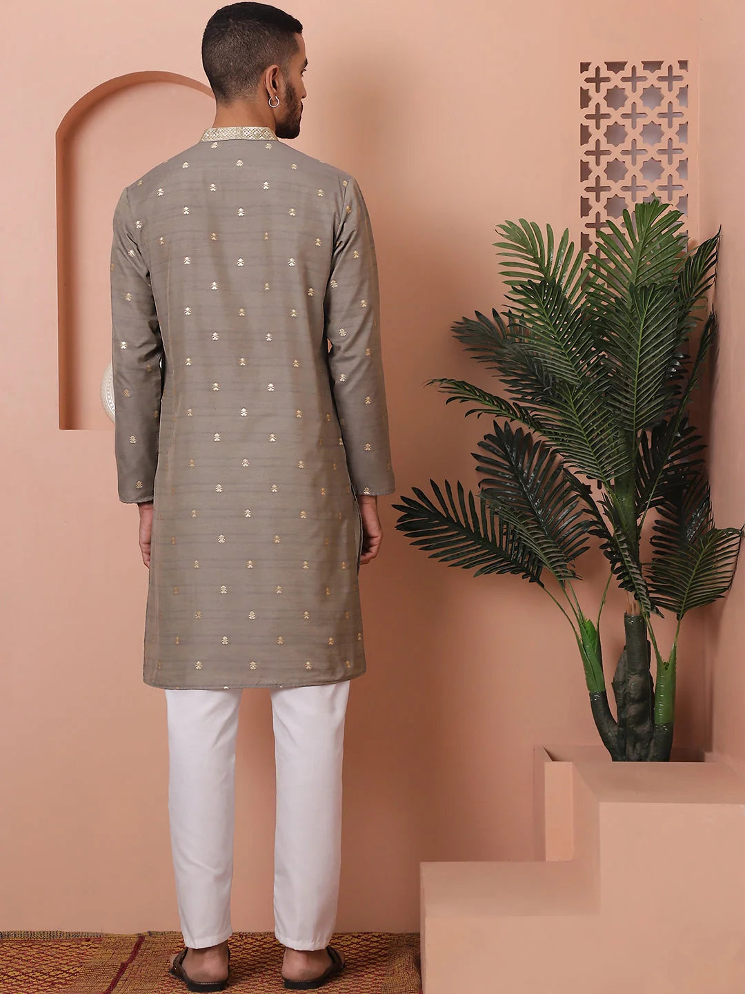 Grey Printed Mens Kurta Pajama Set | Cotton Kurta Pajama