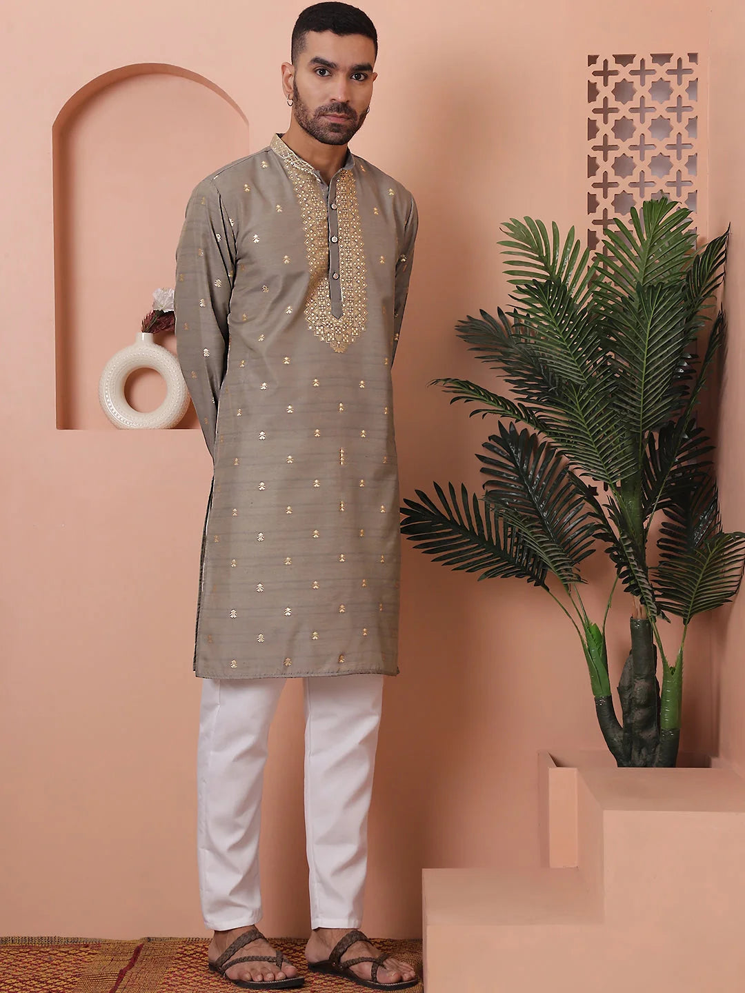 Grey Printed Mens Kurta Pajama Set | Cotton Kurta Pajama