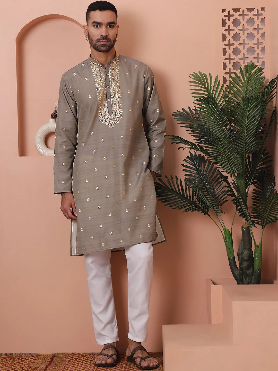 Grey Printed Mens Kurta Pajama Set | Cotton Kurta Pajama
