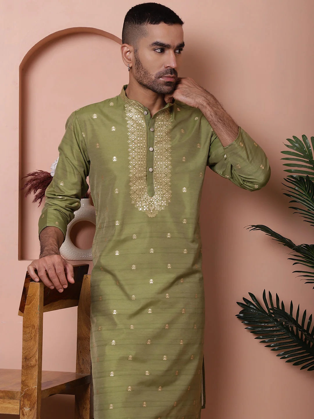 Olive Printed Mens Kurta Pajama Set | Cotton Kurta Pajama