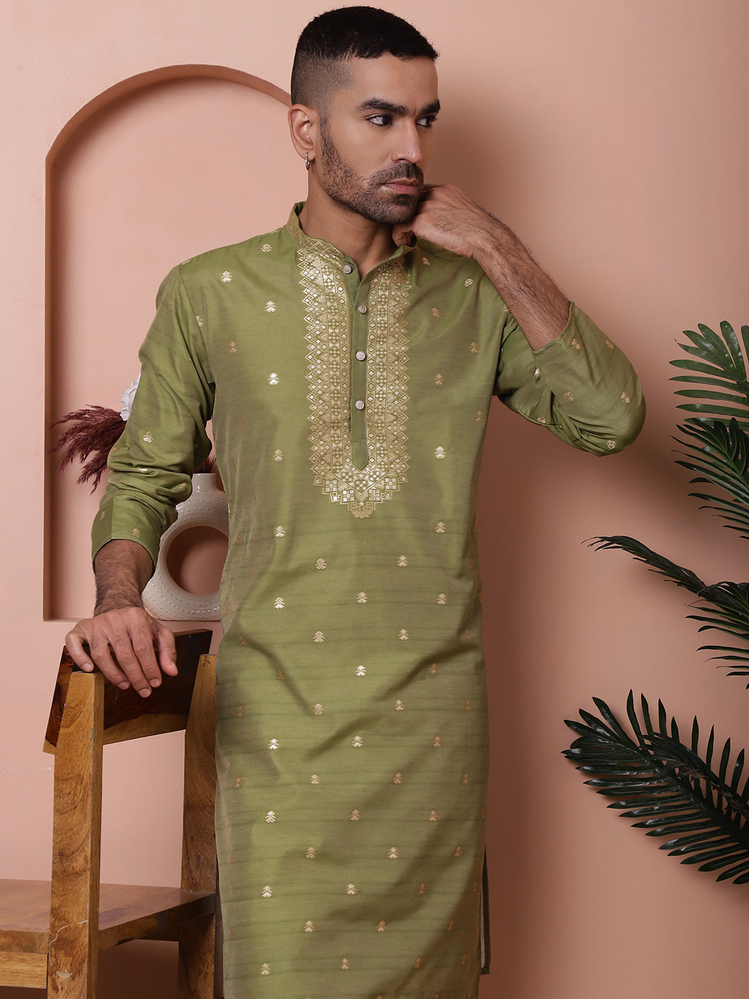 Olive Printed Mens Kurta Pajama Set | Cotton Kurta Pajama