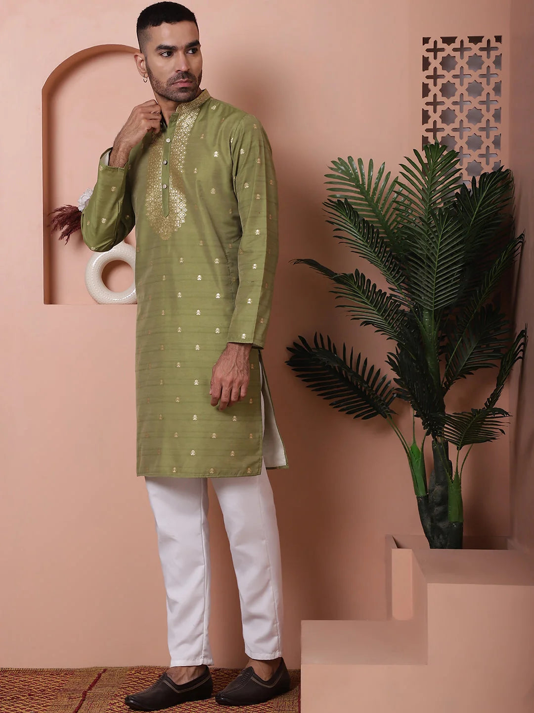 Olive Printed Mens Kurta Pajama Set | Cotton Kurta Pajama