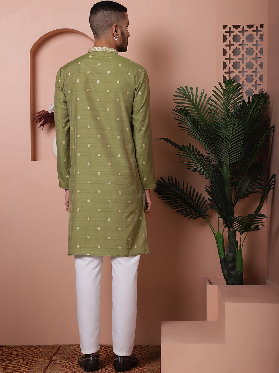 Olive Printed Mens Kurta Pajama Set | Cotton Kurta Pajama