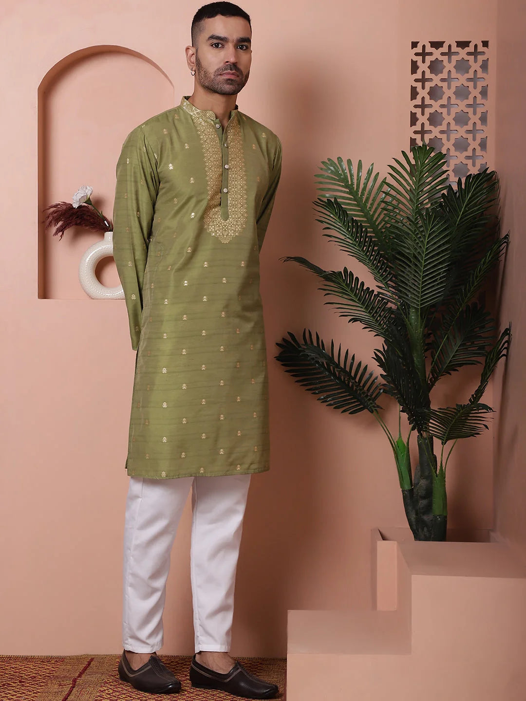 Olive Printed Mens Kurta Pajama Set | Cotton Kurta Pajama