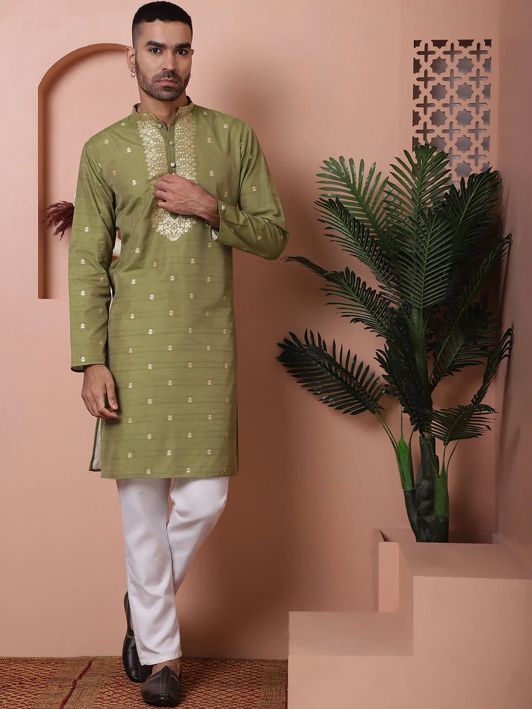 Olive Printed Mens Kurta Pajama Set | Cotton Kurta Pajama