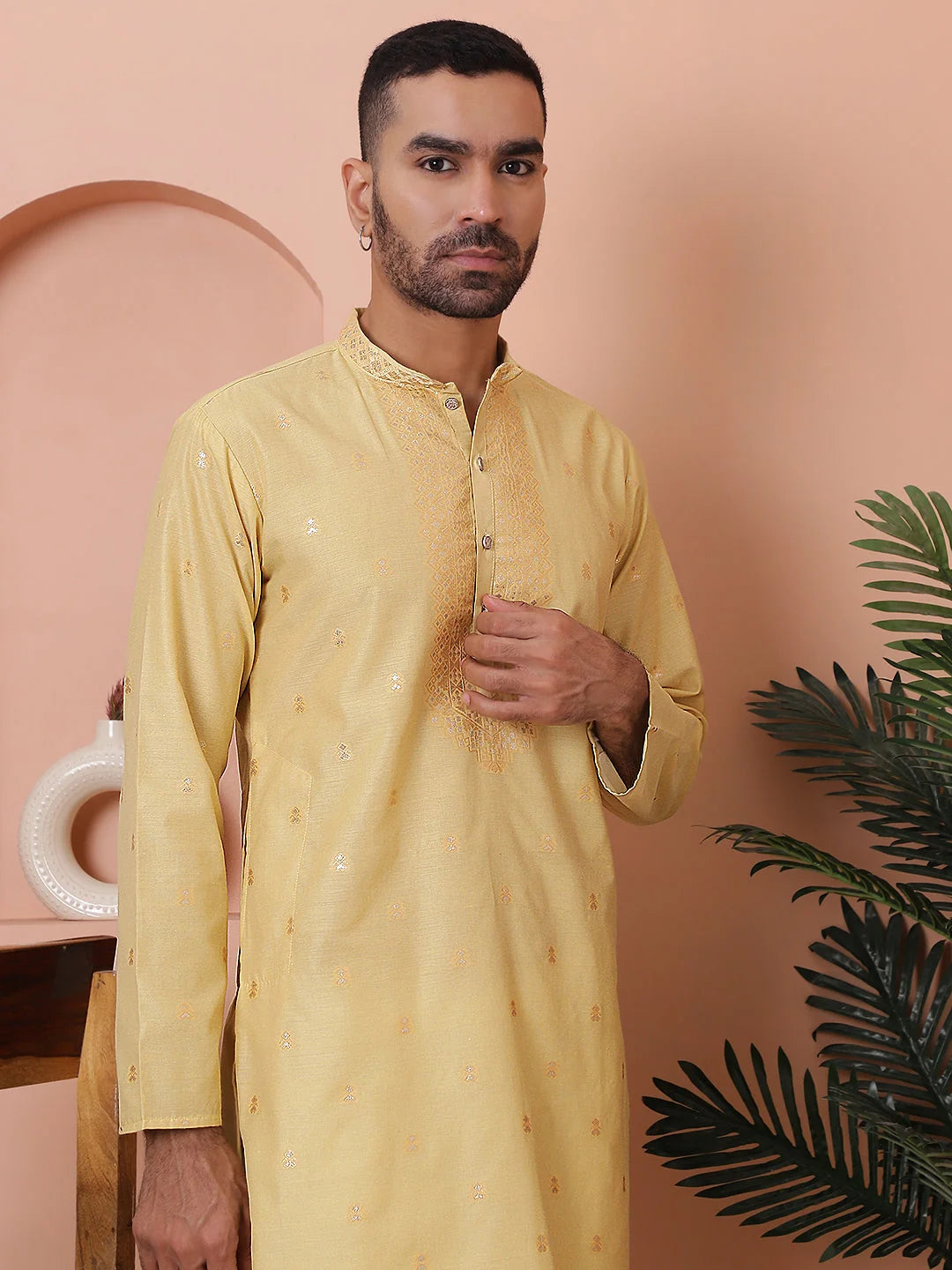 Yellow Printed Mens Kurta Pajama Set | Cotton Kurta Pajama