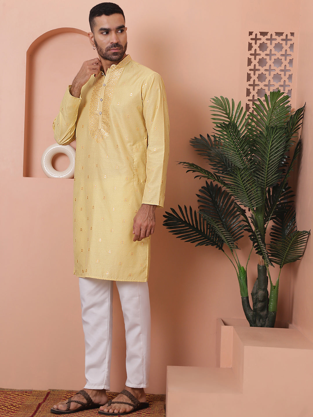 Yellow Printed Mens Kurta Pajama Set | Cotton Kurta Pajama