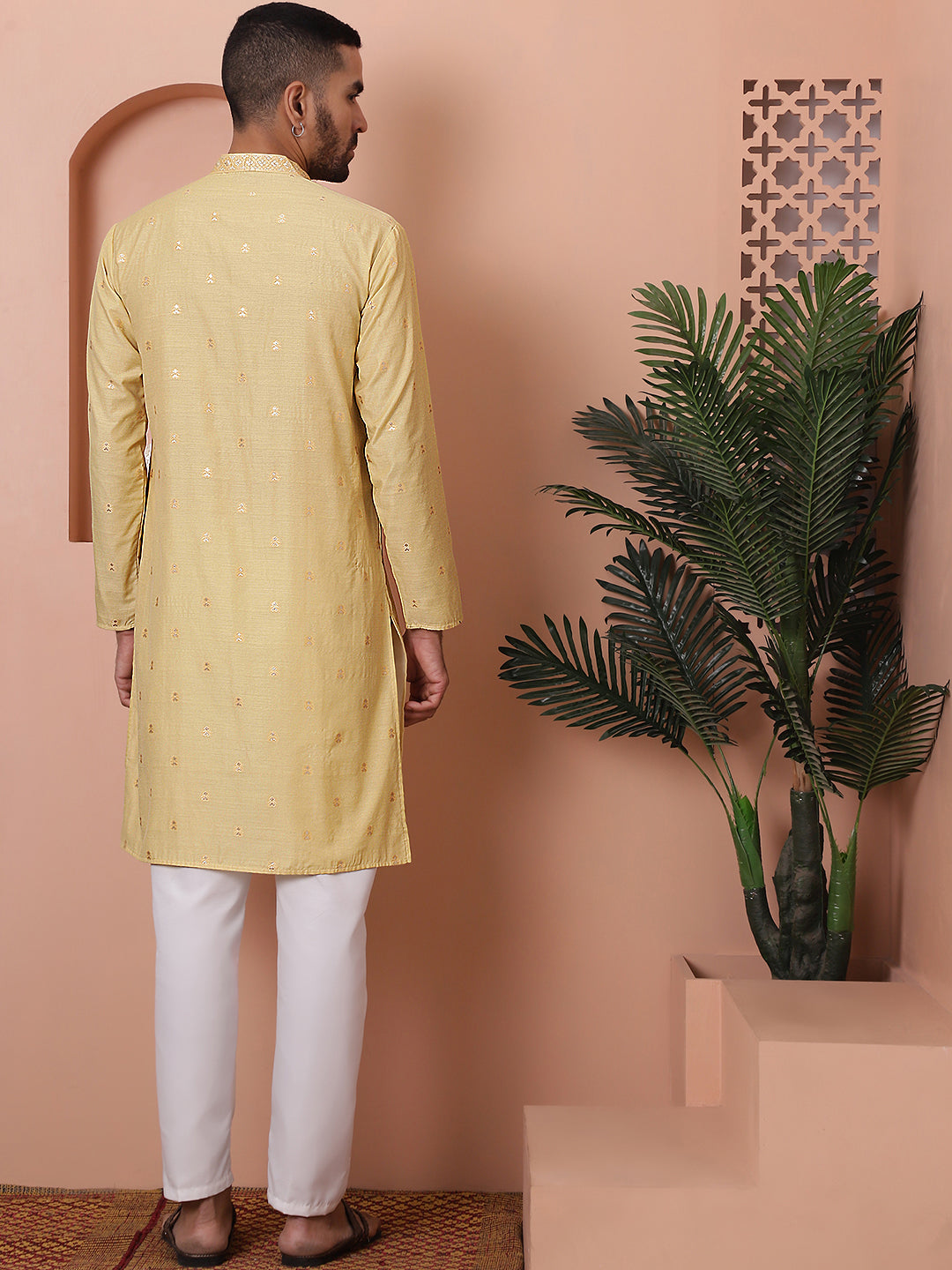 Yellow Printed Mens Kurta Pajama Set | Cotton Kurta Pajama