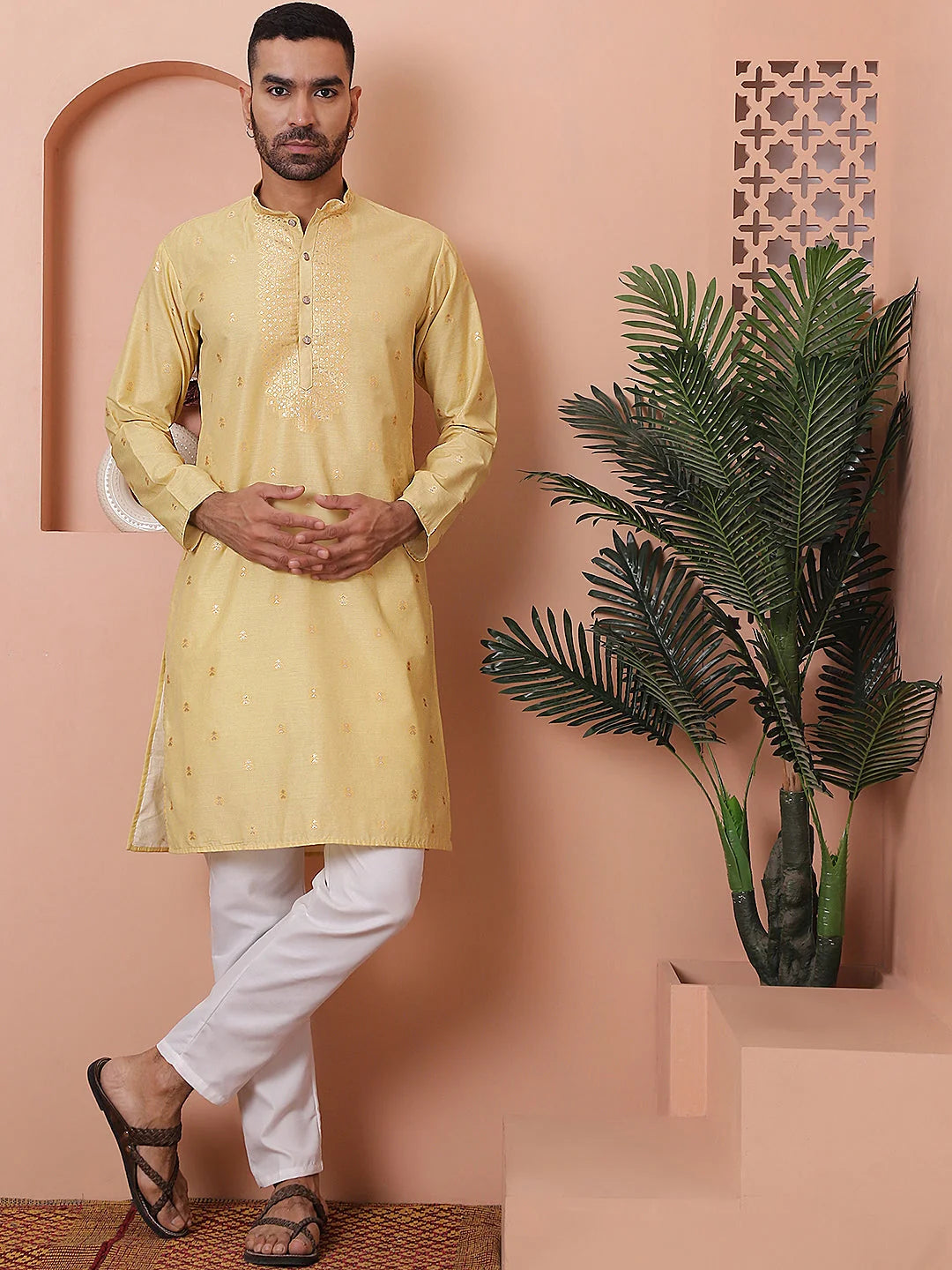 Yellow Printed Mens Kurta Pajama Set | Cotton Kurta Pajama