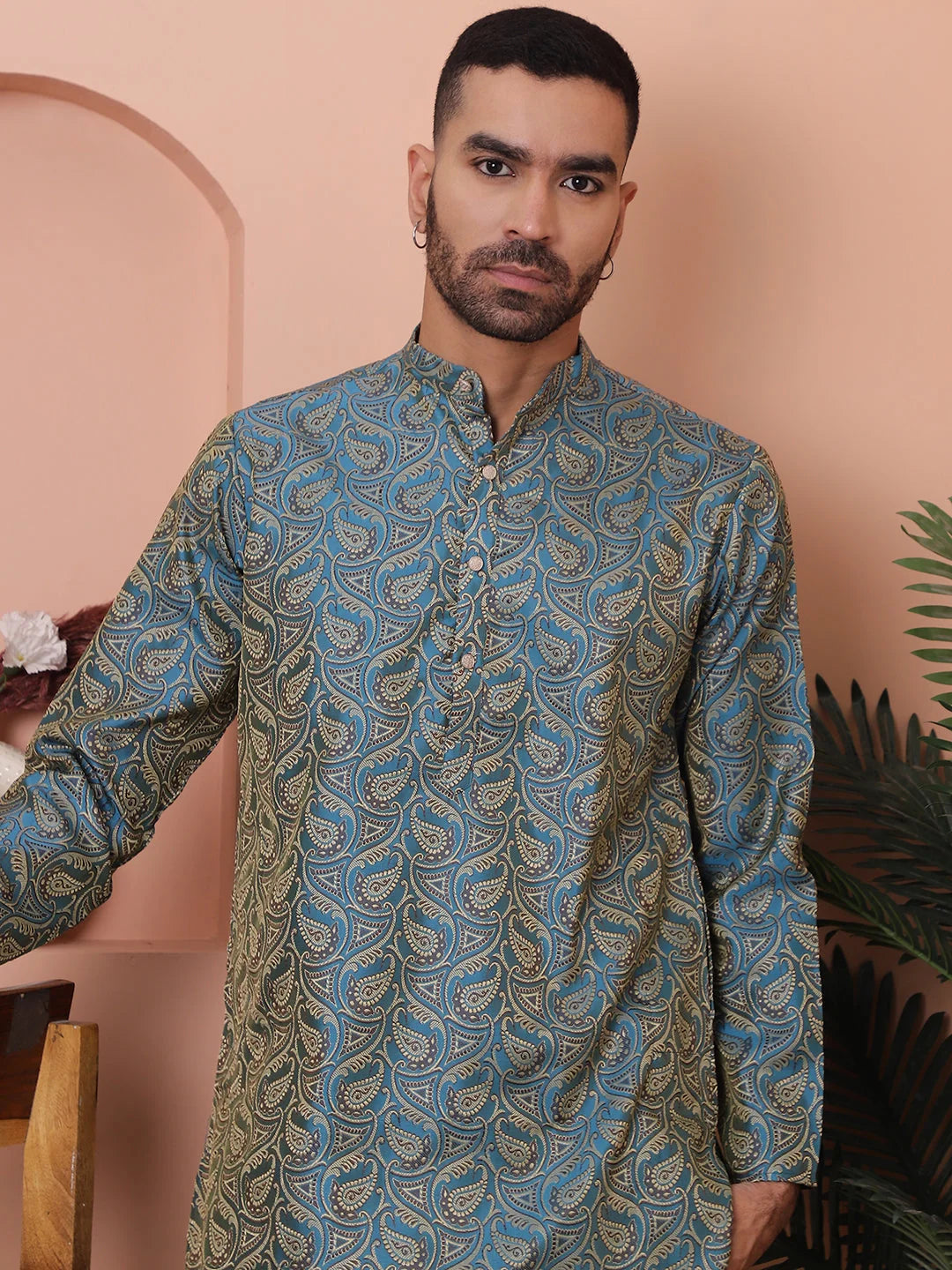 Blue Silk Blend Mens Kurta Pajama Set | Cotton Pathani Suit
