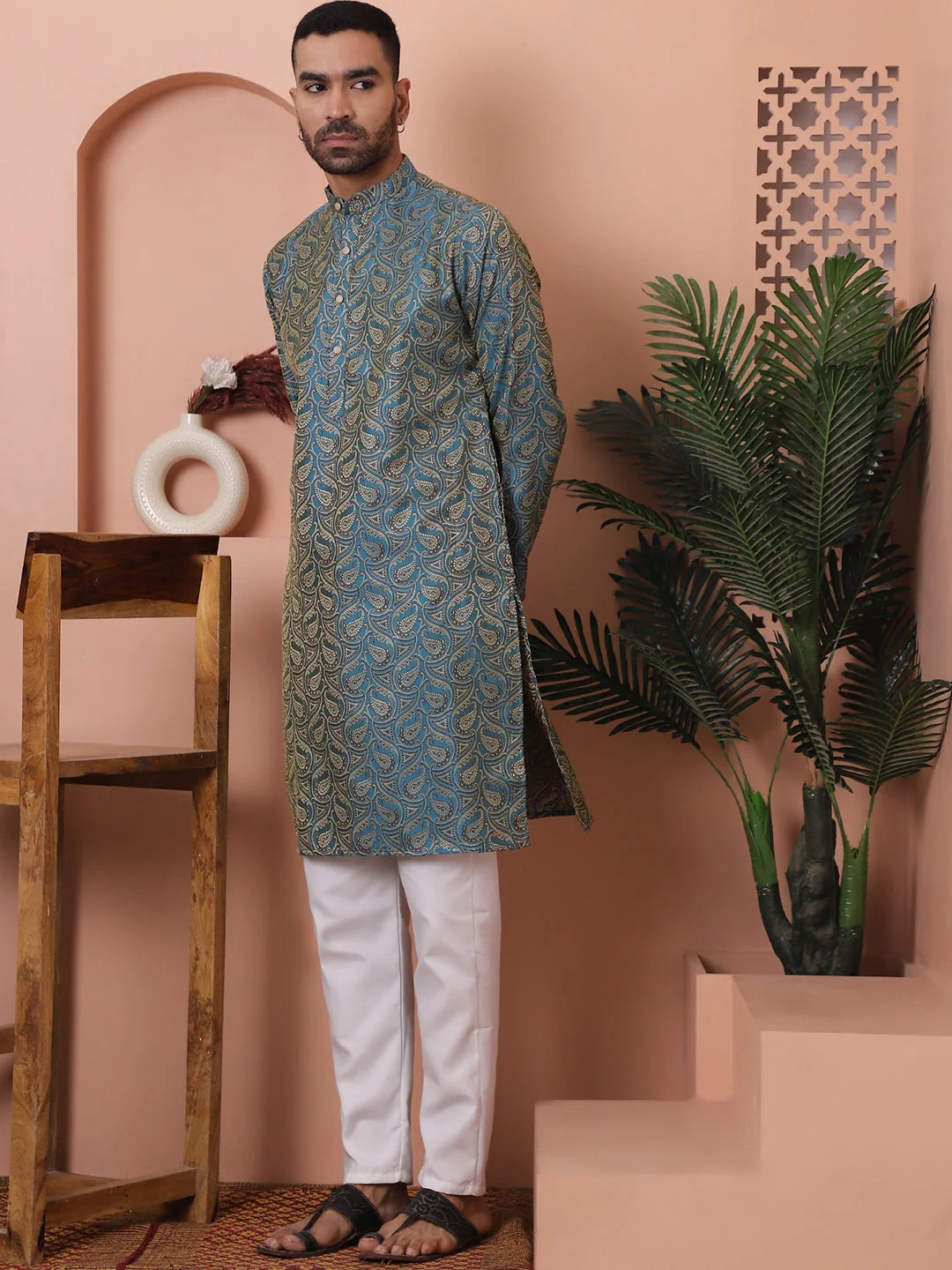 Blue Silk Blend Mens Kurta Pajama Set | Cotton Pathani Suit