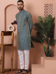 Men Blue Silk Blend Straight Kurta Pyjama Set-JOKP-P
