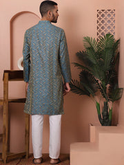Men Blue Silk Blend Straight Kurta Pyjama Set-JOKP-P