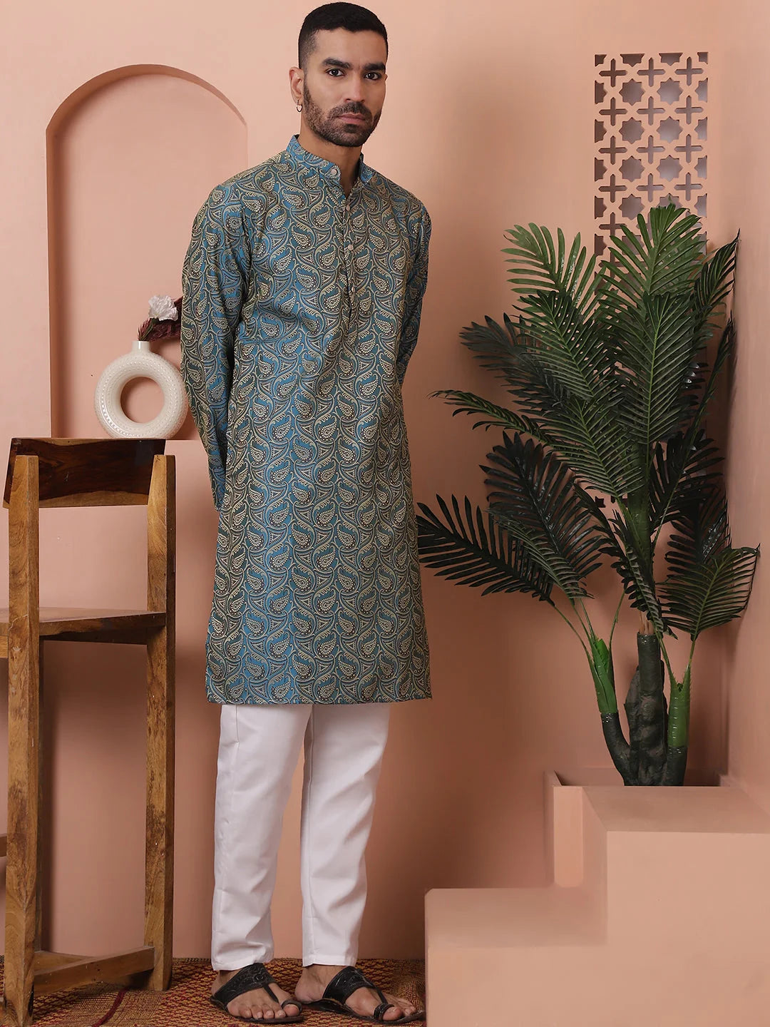 Blue Silk Blend Mens Kurta Pajama Set | Cotton Pathani Suit