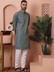 Men Blue Silk Blend Straight Kurta Pyjama Set-JOKP-P