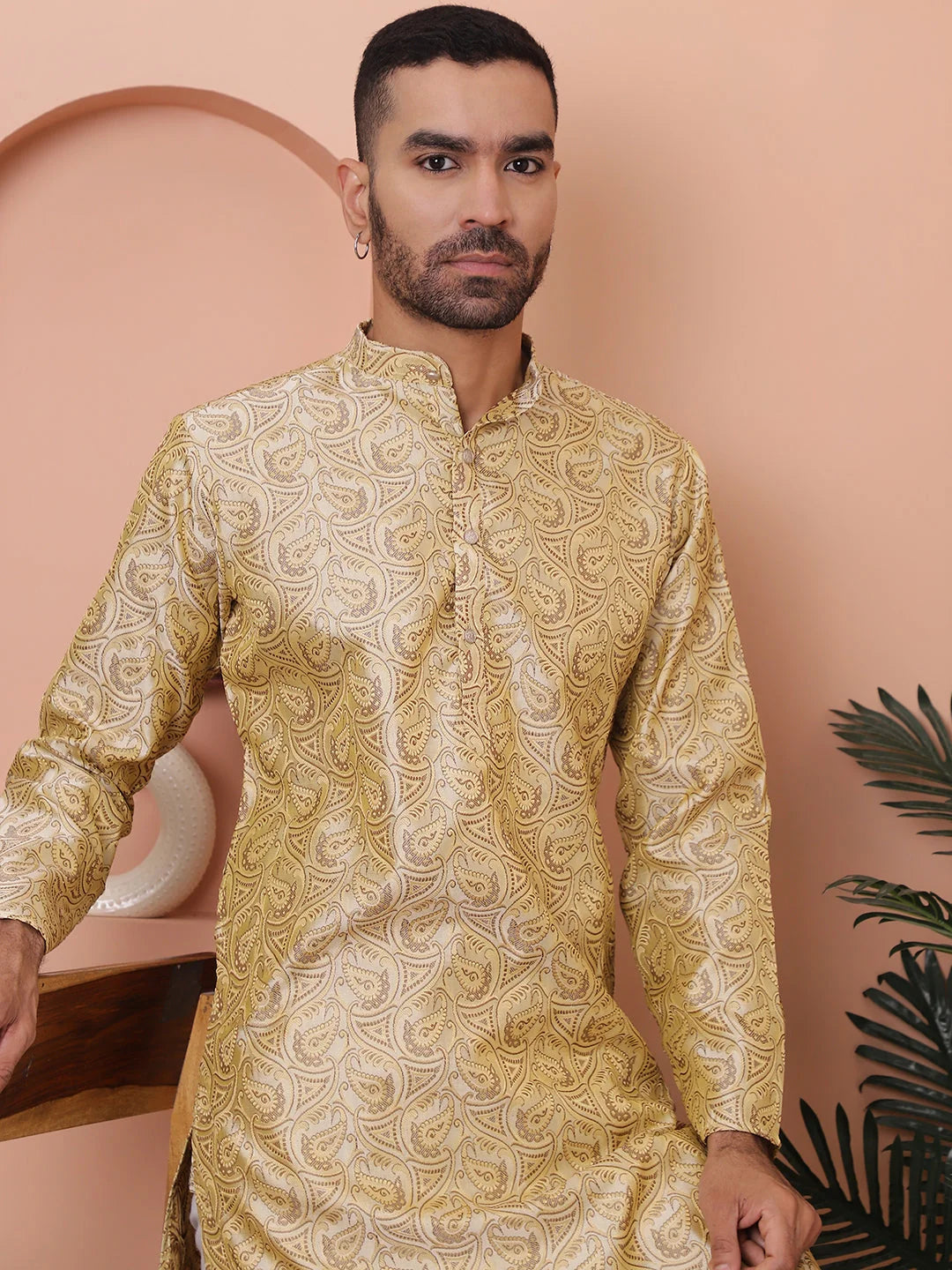 Golden Silk Blend Mens Kurta Pajama Set | Cotton Pathani Suit