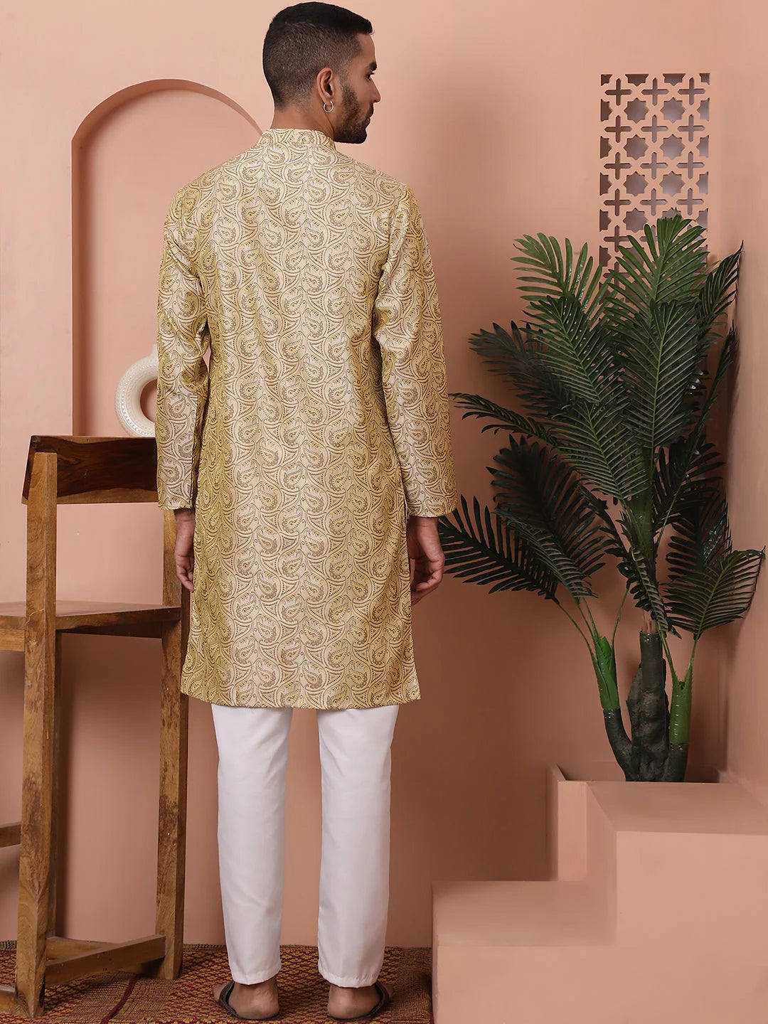 Golden Silk Blend Mens Kurta Pajama Set | Cotton Pathani Suit
