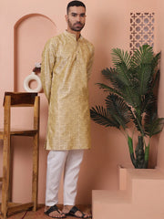 Men Golden Silk Blend Straight Kurta Pyjama Set-JOKP-P