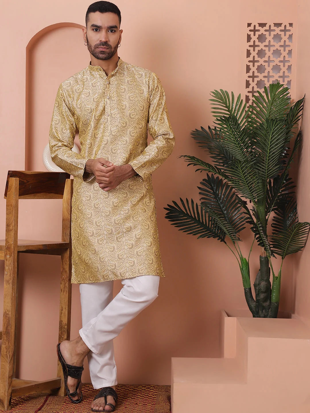 Golden Silk Blend Mens Kurta Pajama Set | Cotton Pathani Suit