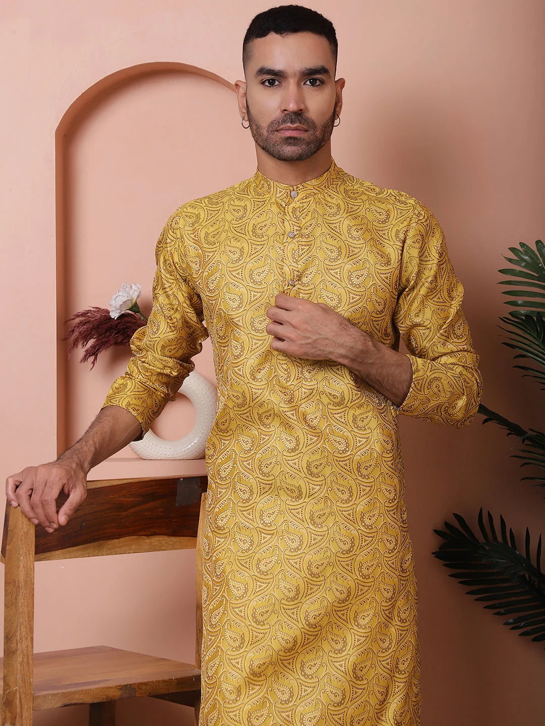 Yellow Silk Blend Mens Kurta Pajama Set | Cotton Pathani Suit