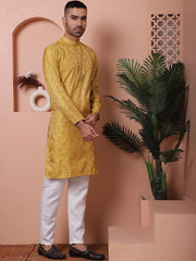 Men Yellow Silk Blend Straight Kurta Pyjama Set-JOKP-P