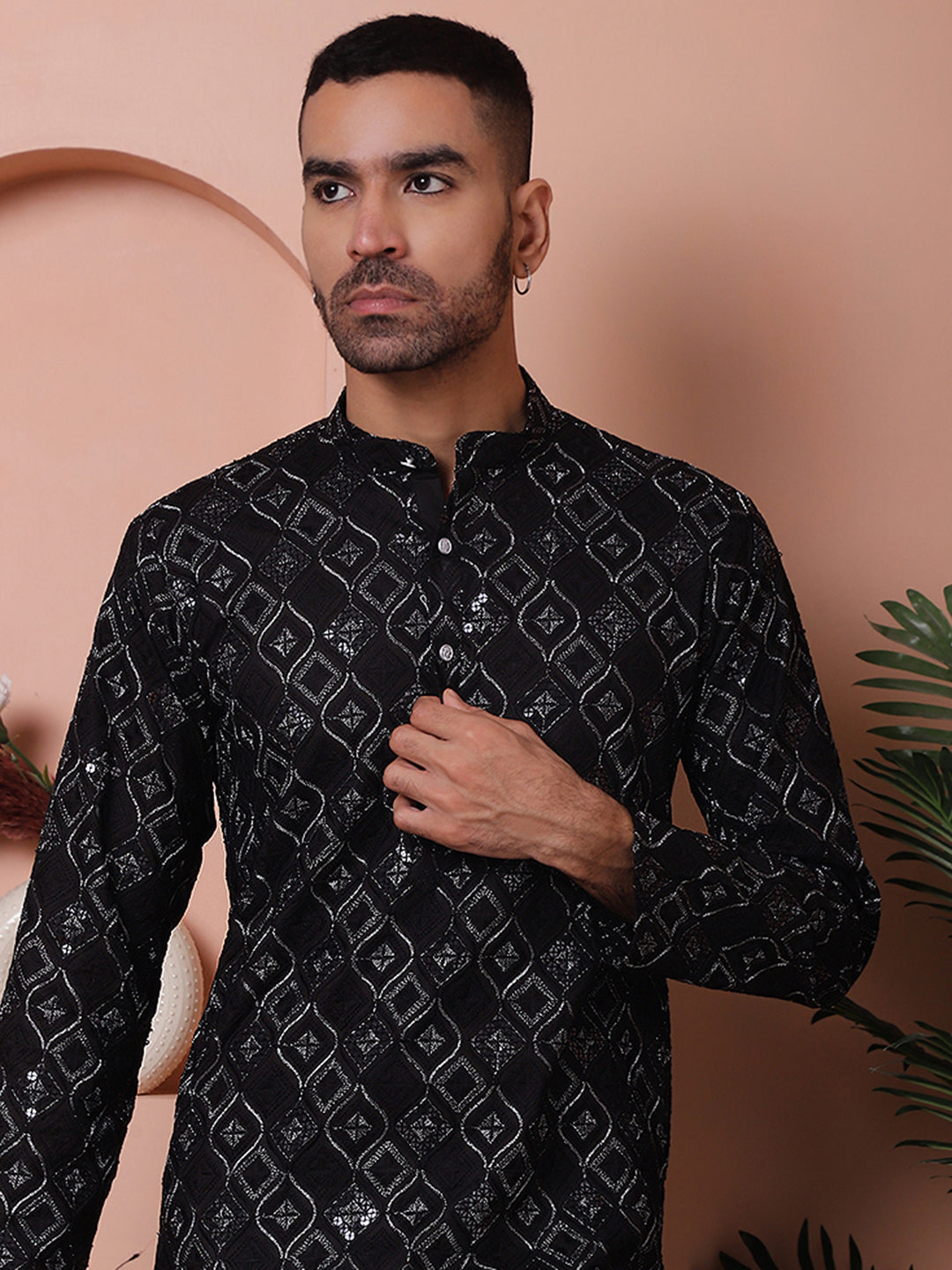 Men's Sequins and Embroidered Kurtas-KO-5072Black