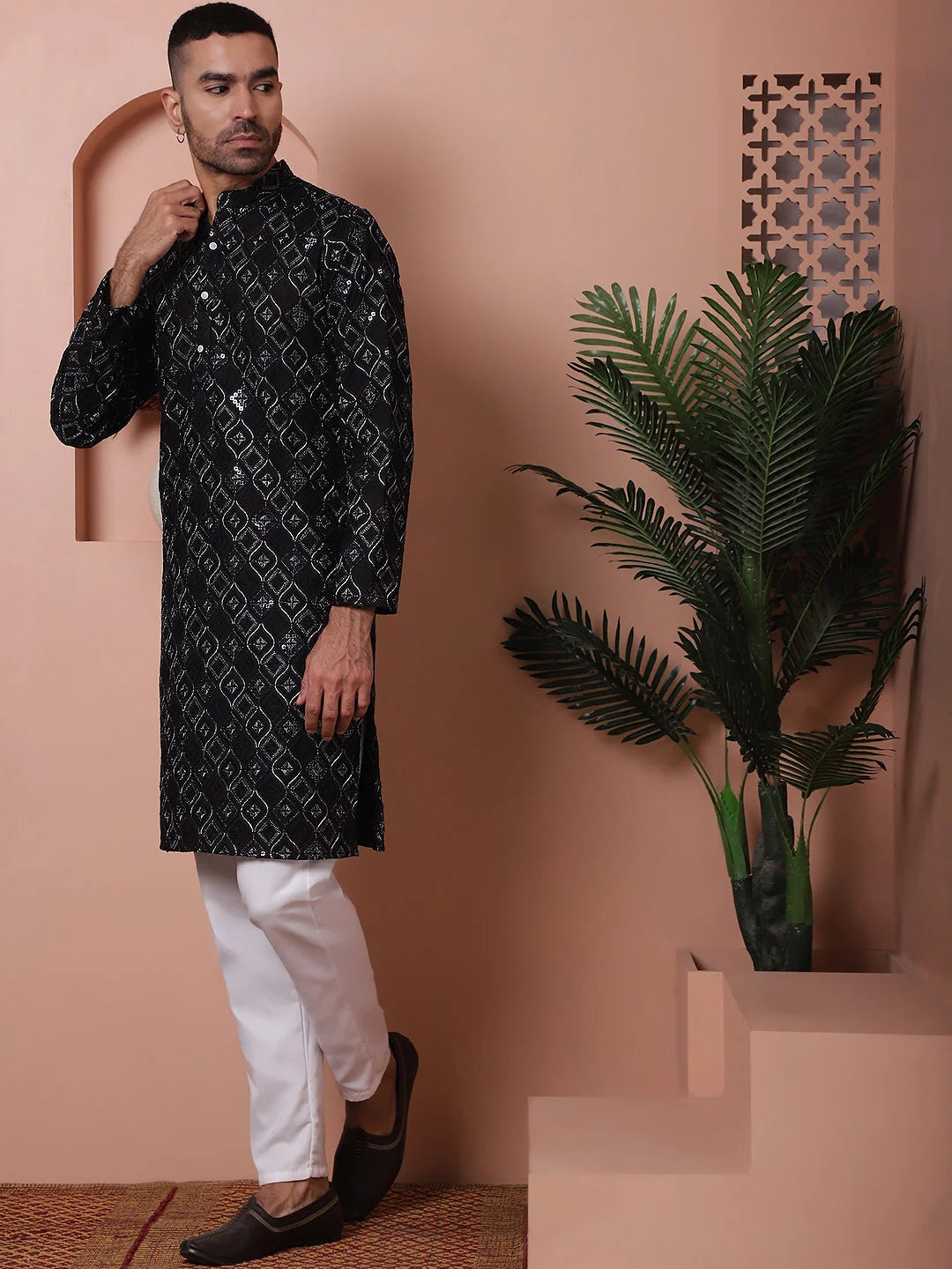 Black Embroidered Mens Kurta Pajama Set | Rayon Pathani Suit