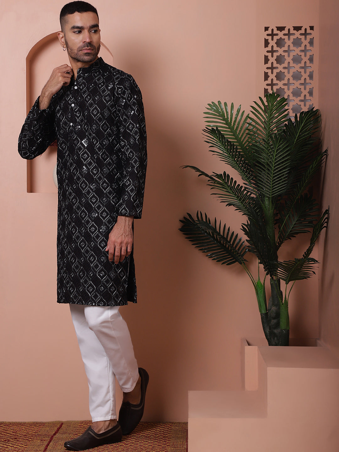 Black Embroidered Mens Kurta Pajama Set | Rayon Pathani Suit