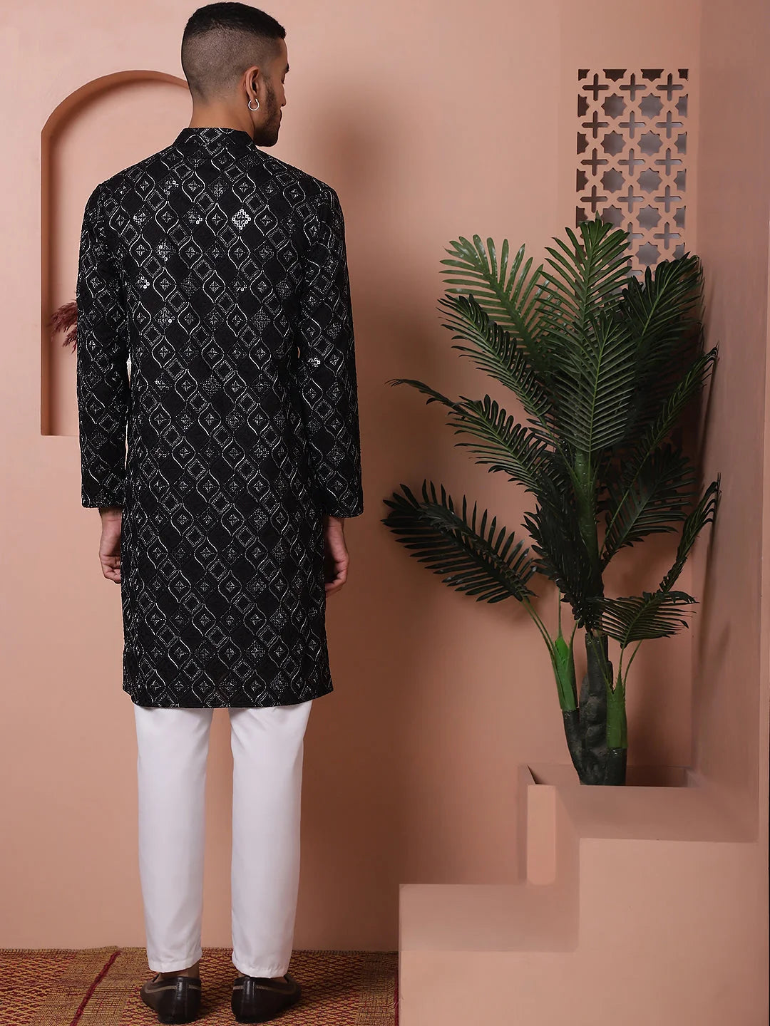 Black Embroidered Mens Kurta Pajama Set | Rayon Pathani Suit