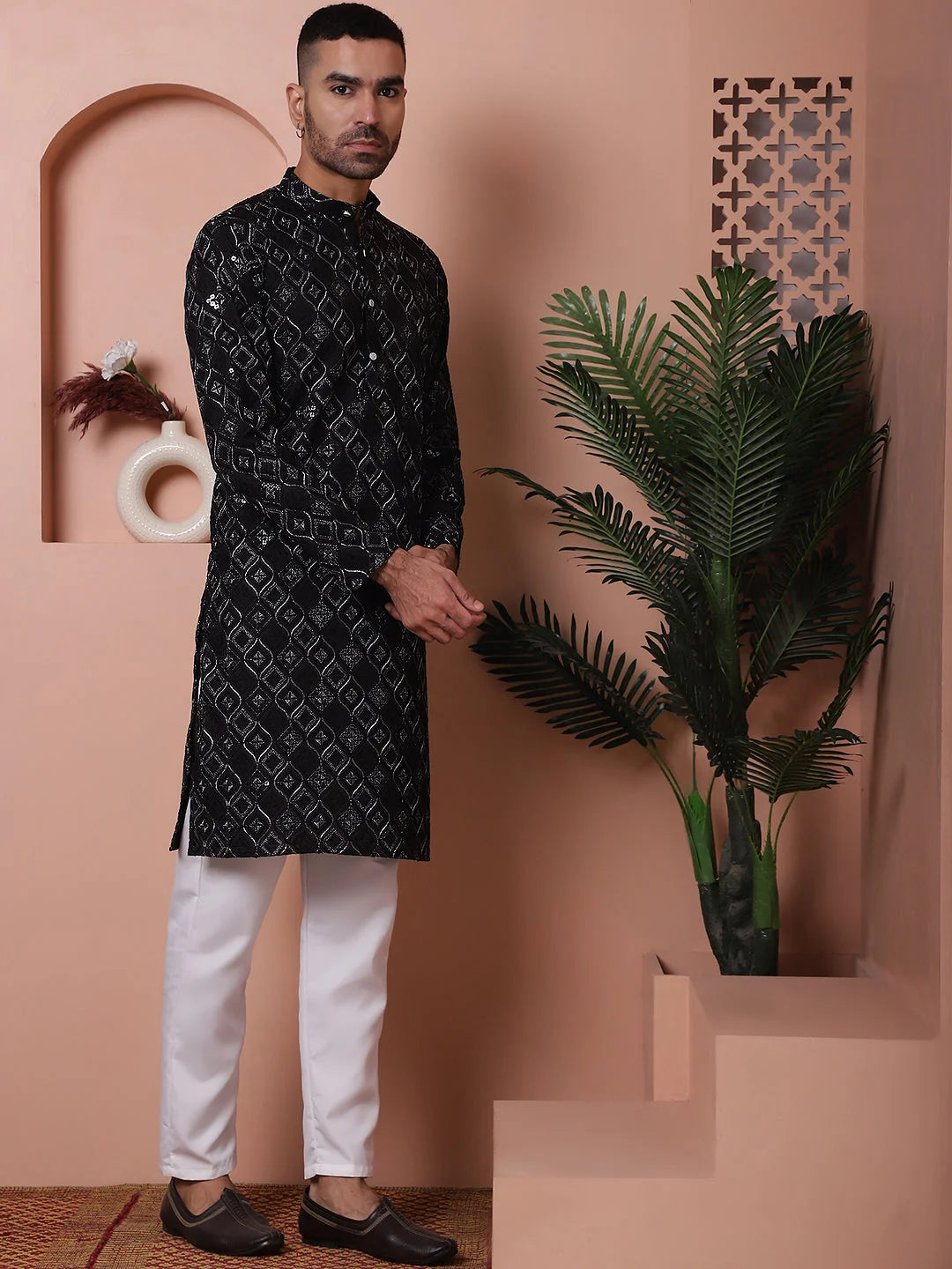 Black Embroidered Mens Kurta Pajama Set | Rayon Pathani Suit