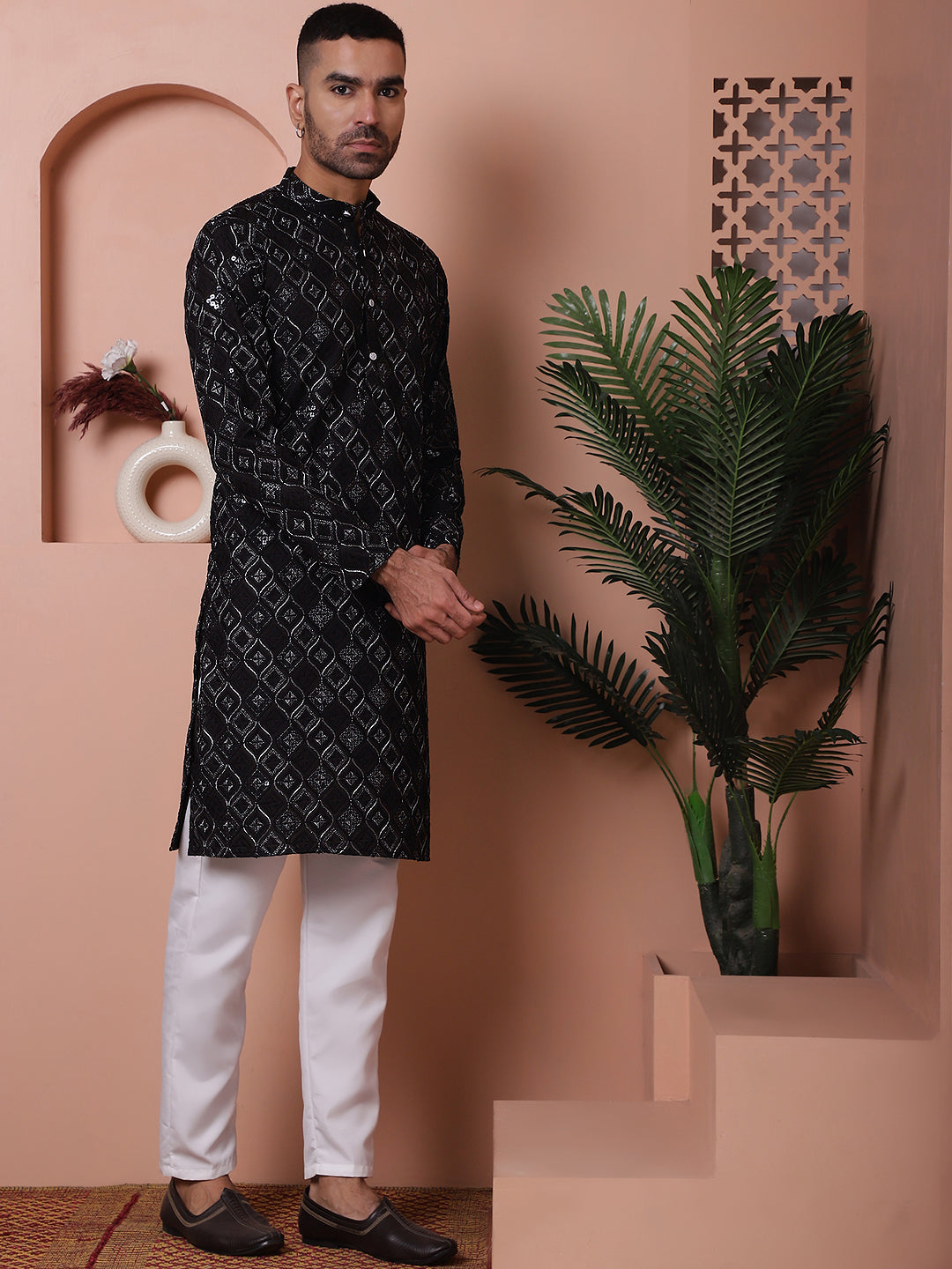 Black Embroidered Mens Kurta Pajama Set | Rayon Pathani Suit