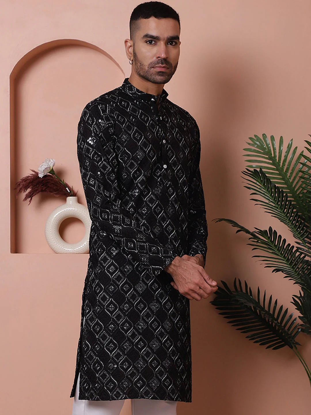 Men's Black Embroidered Kurta - Indian Kurta for Men