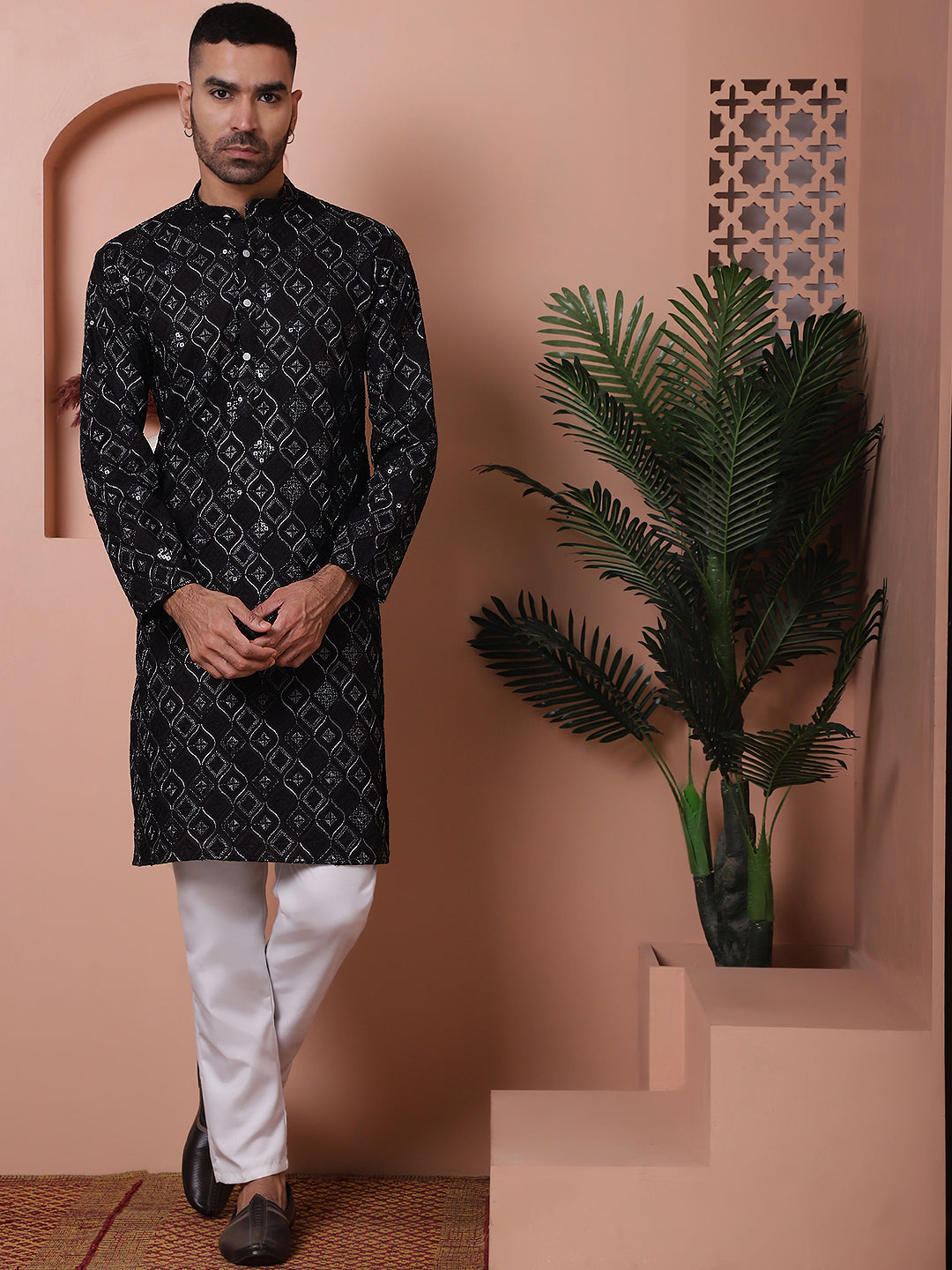 Men's Black Embroidered Kurta - Indian Kurta for Men