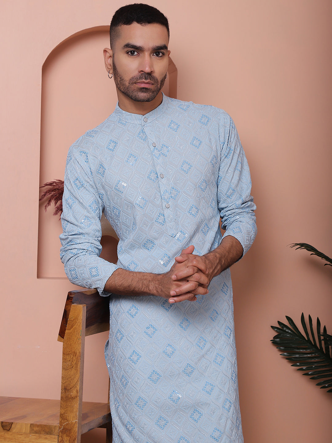 Blue Embroidered Mens Kurta Pajama Set | Rayon Pathani Suit