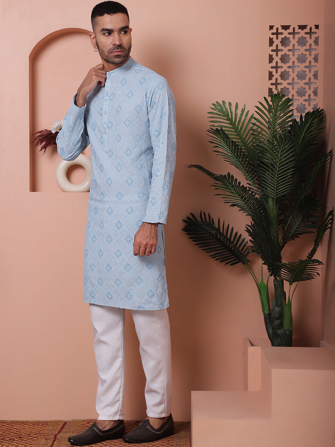 Blue Embroidered Mens Kurta Pajama Set | Rayon Pathani Suit