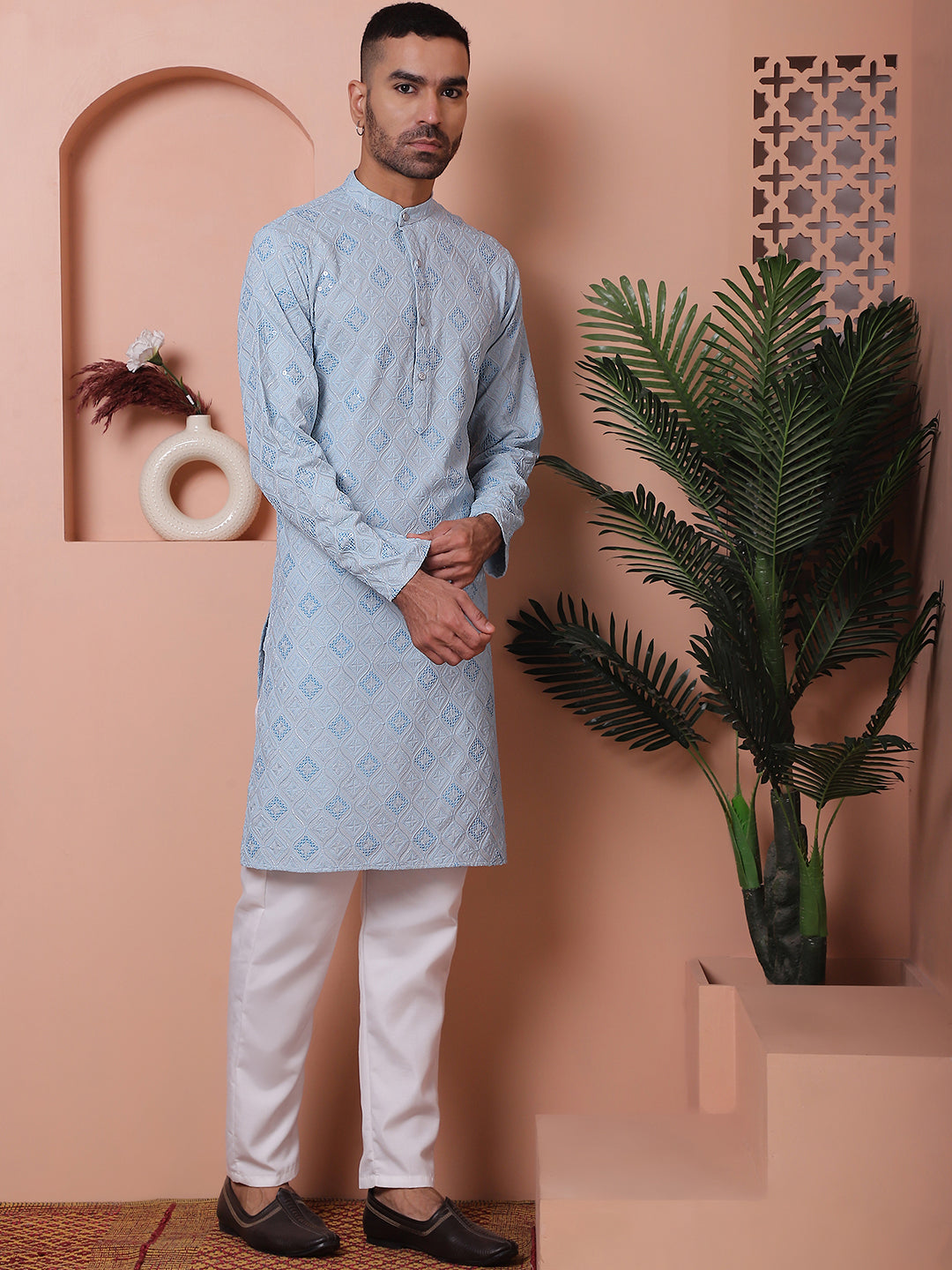 Blue Embroidered Mens Kurta Pajama Set | Rayon Pathani Suit