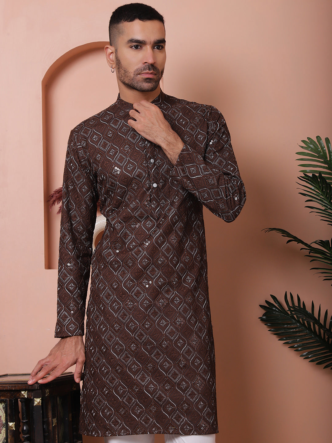 Coffee Embroidered Mens Kurta Pajama Set | Rayon Pathani