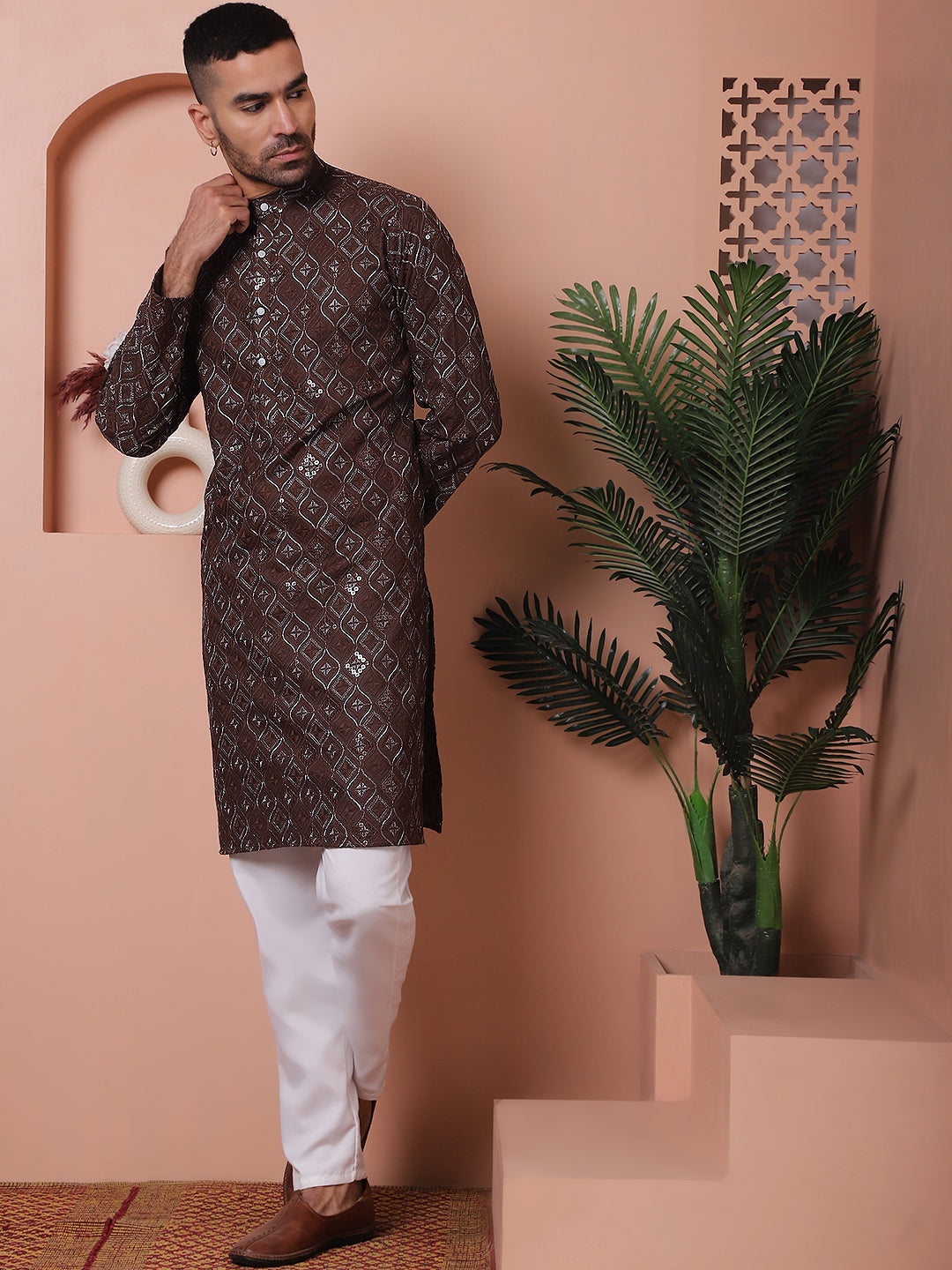 Coffee Embroidered Mens Kurta Pajama Set | Rayon Pathani