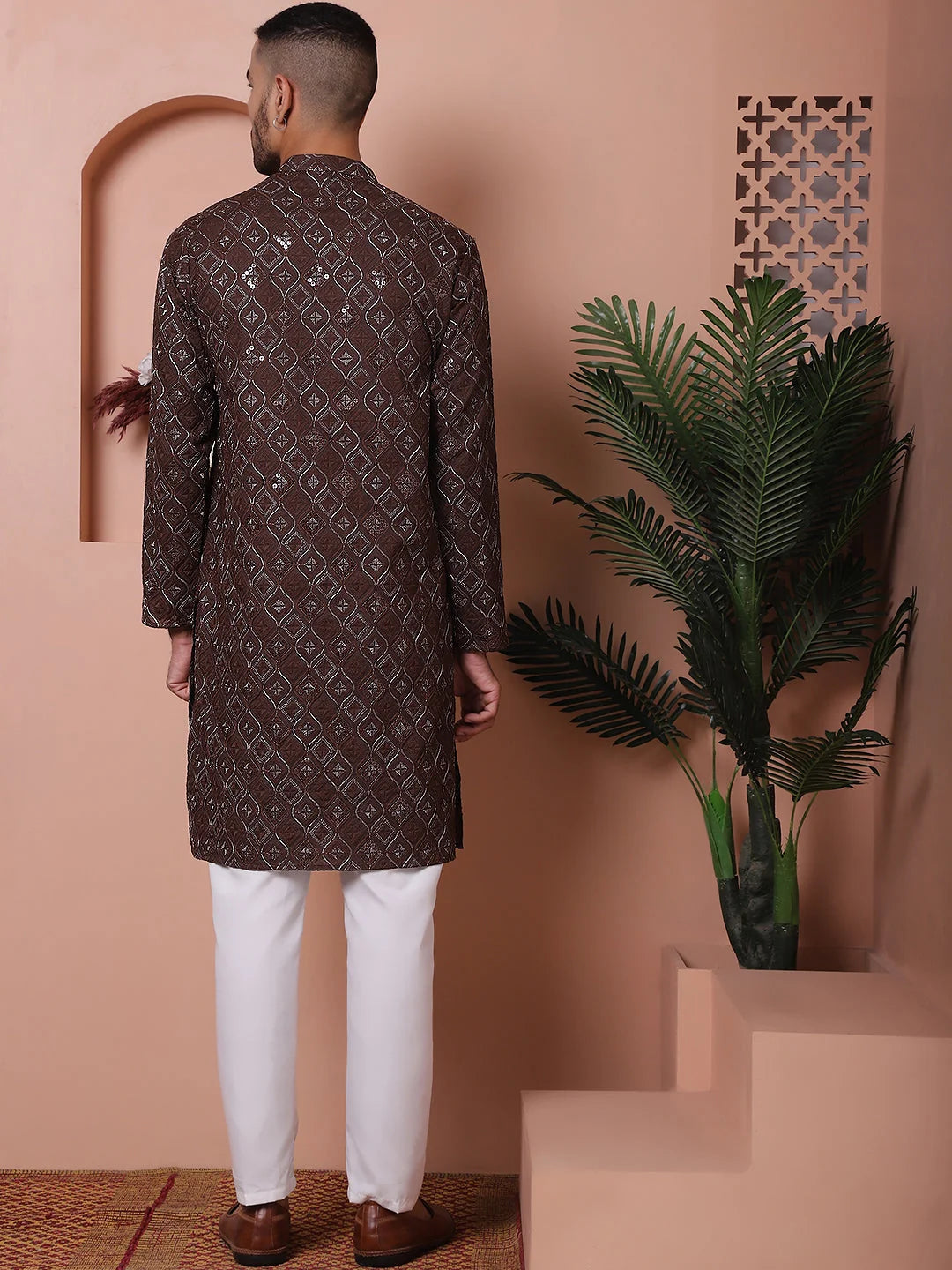 Coffee Embroidered Mens Kurta Pajama Set | Rayon Pathani