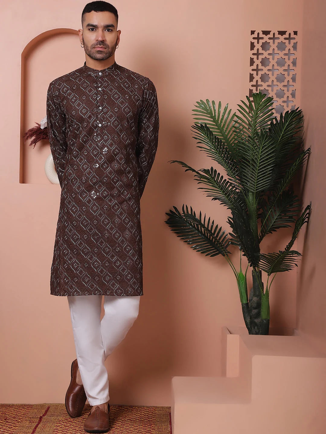Coffee Embroidered Mens Kurta Pajama Set | Rayon Pathani