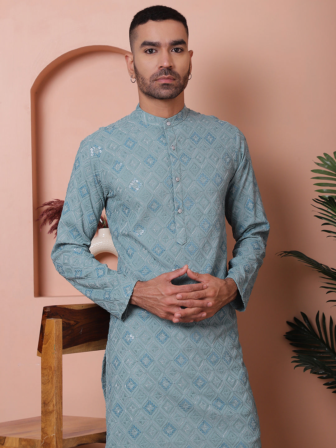 Men's Sequins and Embroidered Kurta with Pyjama-JOIKP-P