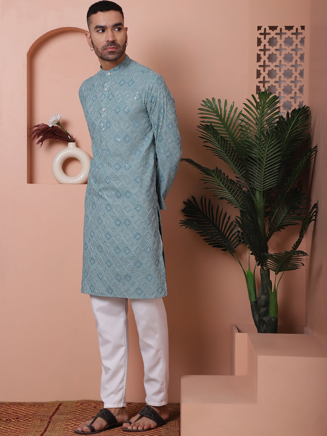 Grey Embroidered Mens Kurta Pajama Set | Rayon Pathani Kurta