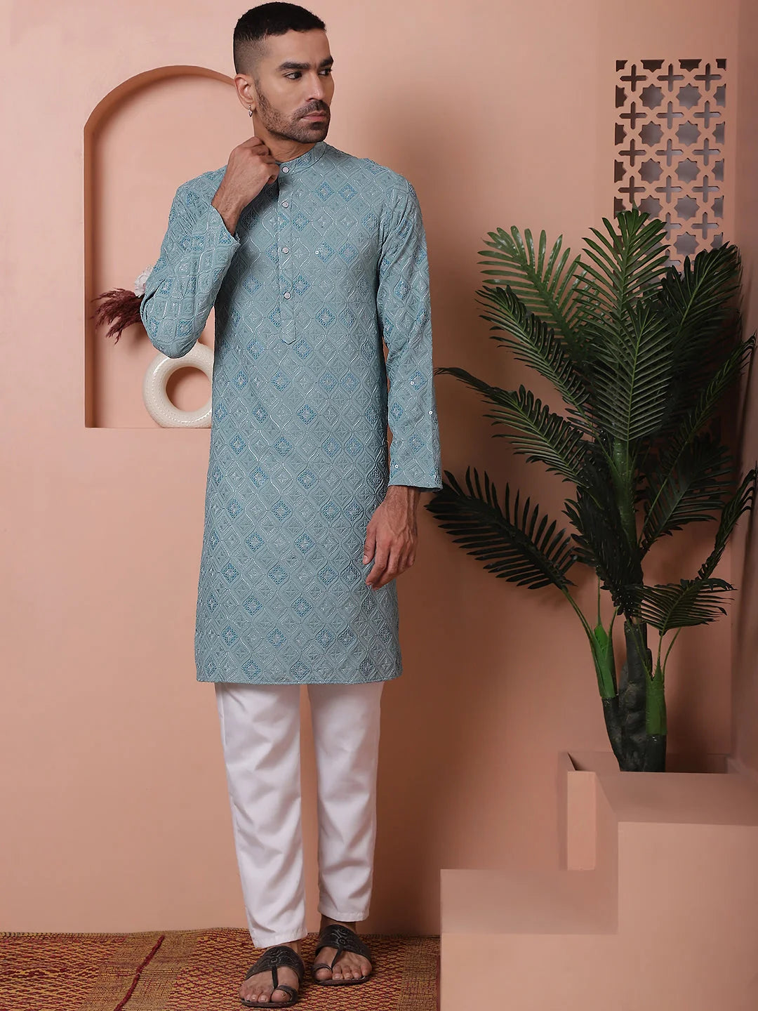 Grey Embroidered Mens Kurta Pajama Set | Rayon Pathani Kurta
