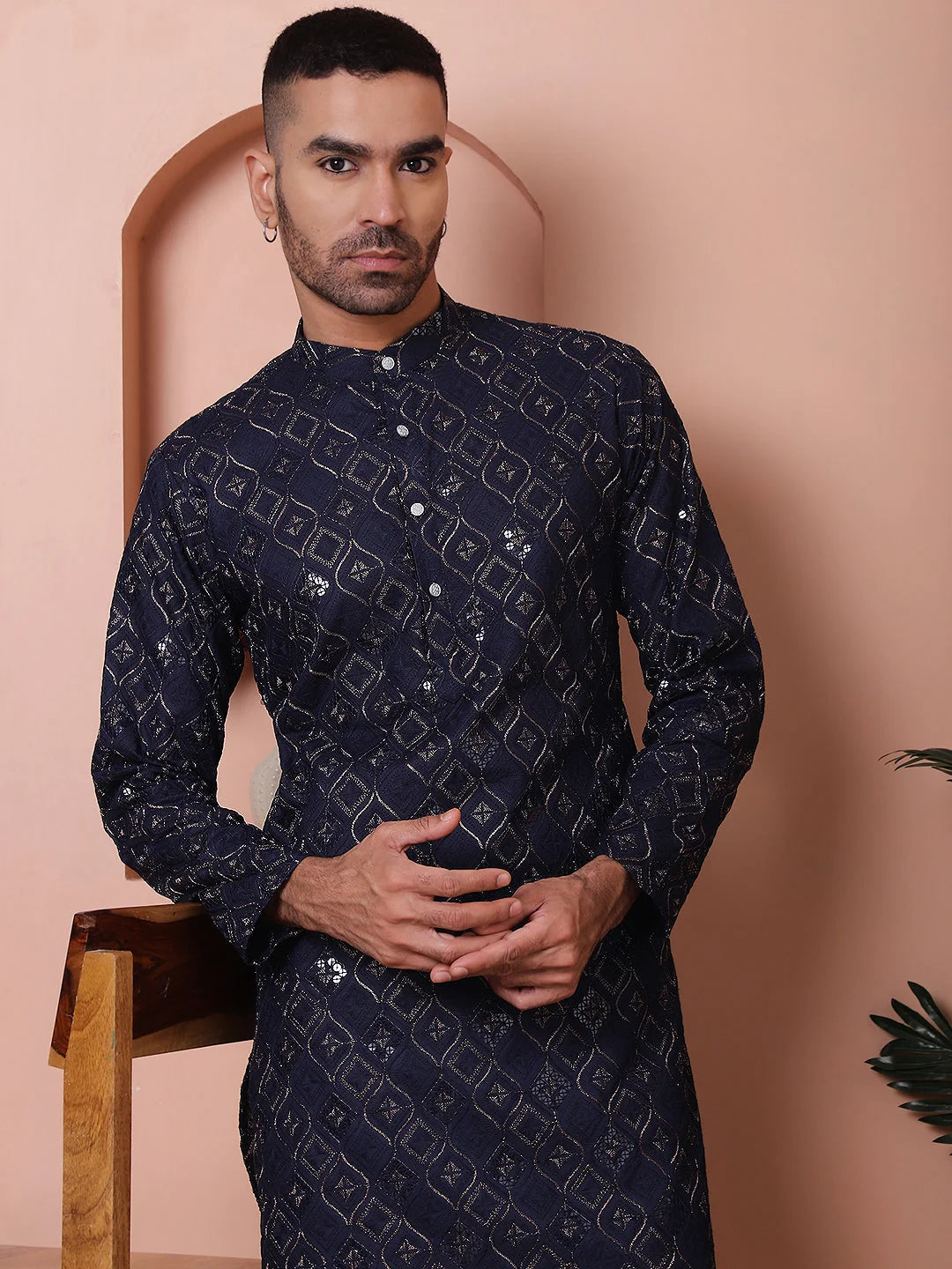 Navy Embroidered Mens Kurta Pajama Set | Rayon Kurta Pajama