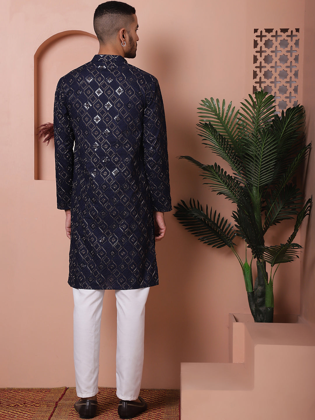 Navy Embroidered Mens Kurta Pajama Set | Rayon Kurta Pajama