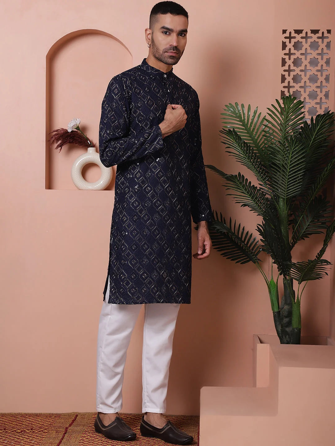 Navy Embroidered Mens Kurta Pajama Set | Rayon Kurta Pajama