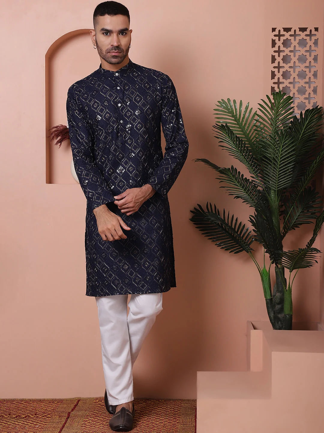 Navy Embroidered Mens Kurta Pajama Set | Rayon Kurta Pajama